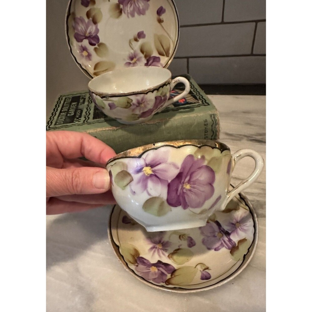 Vtg Nippon Porcelain 2 Tea Cups & Saucer Set Purple Violet Floral with Gold Trim